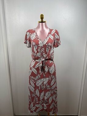 Sienna Sky Tropical Leaf Print Midi Dress Tie Waist Short Sleeve Pink Size S